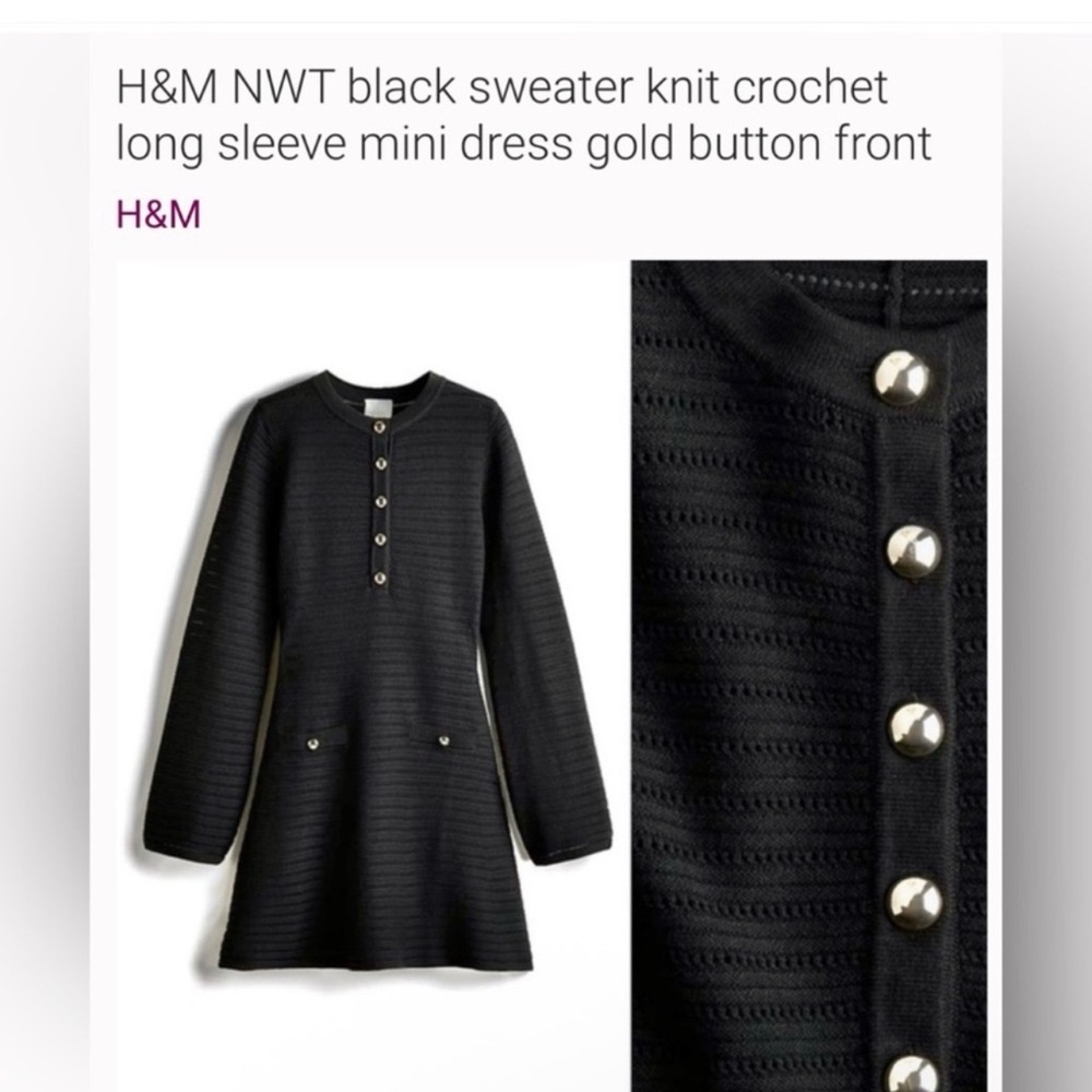 Chanel influence H&M chic Black Long knit Sleeve Dress with gold Button Detaili